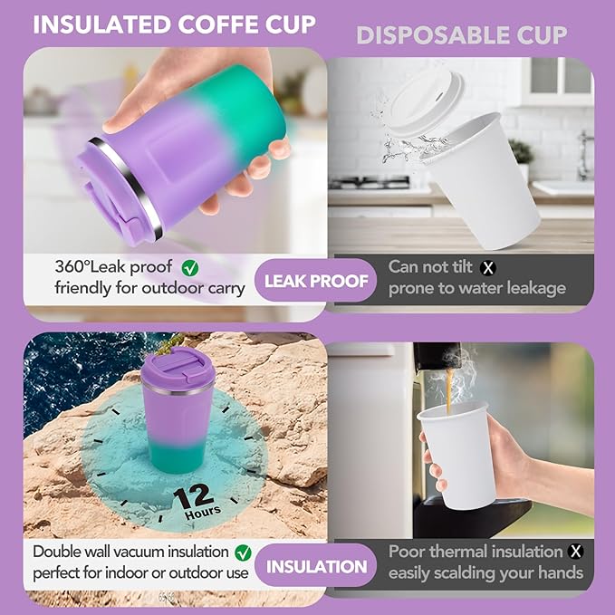 Volhoply 12 oz Double Wall Insulated Vacuum Travel Coffee Mugs with Flip Lid Bulk 2 Pack,Reusable Stainless Steel Leak Proof Coffee Cup,Portable Cafe Thermal Tumbler for Hot & Cold Drinks(Mix,2 Set)