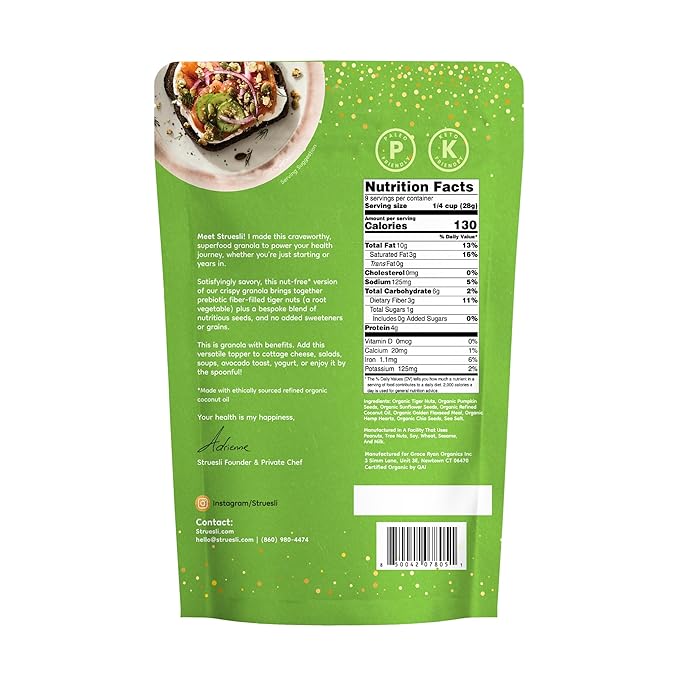 Struesli Savory + Seed Organic Granola, Nut, Grain & Gluten Free, Healthy Snacks with Pumpkin, Sunflower & Chia Seeds, Hemp Hearts, Flax, Tiger Nuts & Sea Salt, Plant Based, Keto & Paleo, 9 Oz