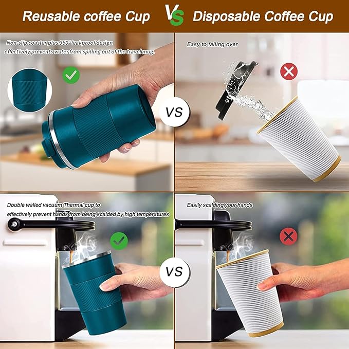 YINBAOGE Insulated Travel Coffee Mug Spill Proof Leak Proof Pobtable To Go Camping Stainless Steel Coffee Tumbler Reusable Coffee Cups with Lids Thermos for Hot and Cold Drink (Blue, 17 OZ)