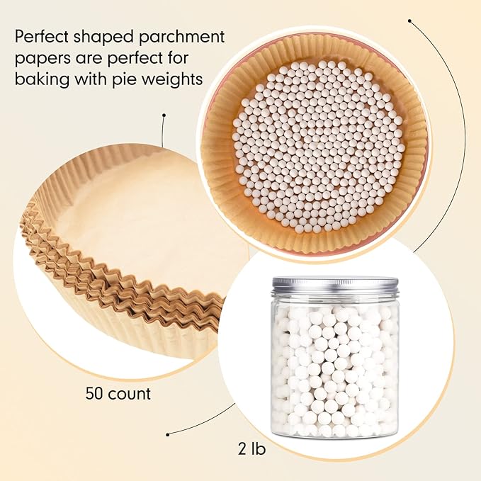 1 Pack White 2 lb Pie Weights for Baking Crust Ceramic Weights Blind Baking Beads with 50 Pcs Disposable Parchment Paper Pie Liner Fit 8,9,10 Inch Dish