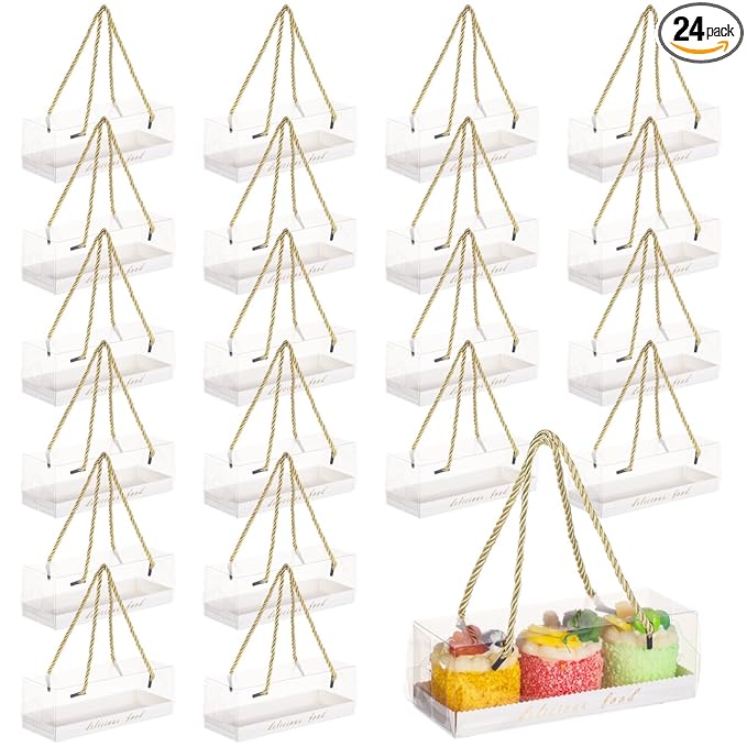 24PCS Macaron boxes, Take Out Clear Chocolate Covered Strawberries Boxes with Handles, Portable Transparent Macaron Cupcake Boxes, Bakery Cookie Present Containers for Party, Wedding, Display, Pastry Packaging, 7.3 x 2.6 x 2.6 in