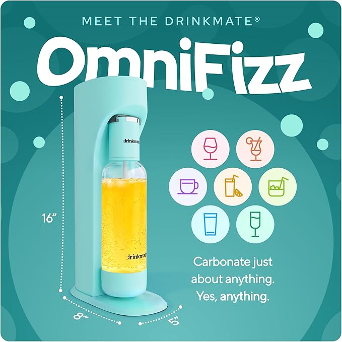 Drinkmate OmniFizz Sparkling Beverage Maker CO2 Bundle - Sparkling Water/Soda Streaming Machine That Carbonates Any Drink - Includes 1 CO2 Cylinder, 1 Carbonation Bottle, 1 Fizz Infuser - Arctic Blue