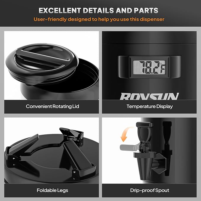 ROVSUN 4.8 Gallon Insulated Beverage Dispenser, Stainless Steel Hot and Cold Drink Dispenser, Ice and Hot Drink Server w/Spigot, Hot and Cold Beverage Server for Coffee, Tea, Milk & Juice
