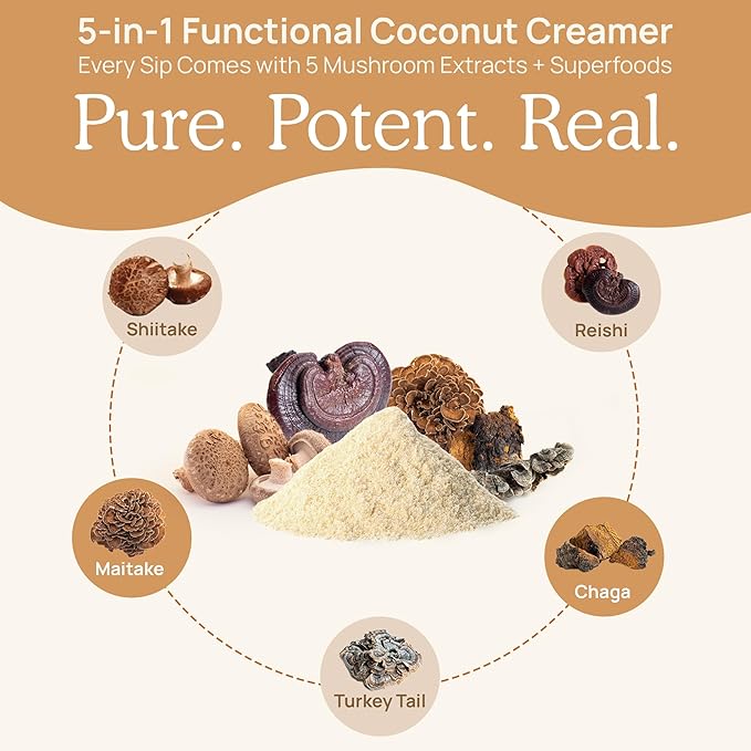 Real Mushrooms Functional Coconut Creamer with Reishi, Lucuma & Ceylon Cinnamon – Organic, Dairy-Free – Vegan Coffee Creamer for Smoothies & Drinks – 90 Servings Organic Cream Coconut Powder