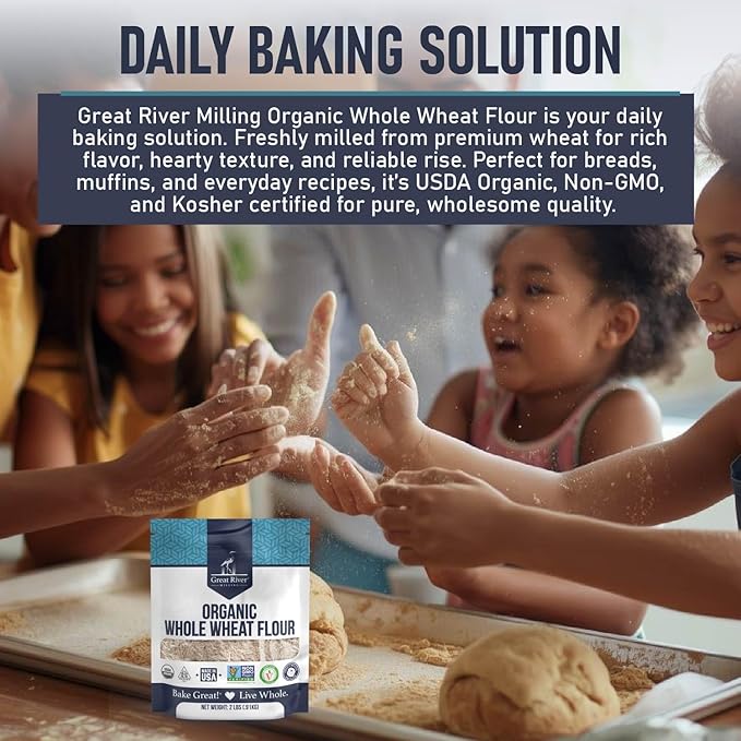 Great River Milling Organic Whole Wheat Flour | Unbleached & Unbromated | High Protein & Fiber | Non-GMO, Kosher | Perfect for Sourdough, Bread, Rolls, Baking, Cooking & More | 2 Lb