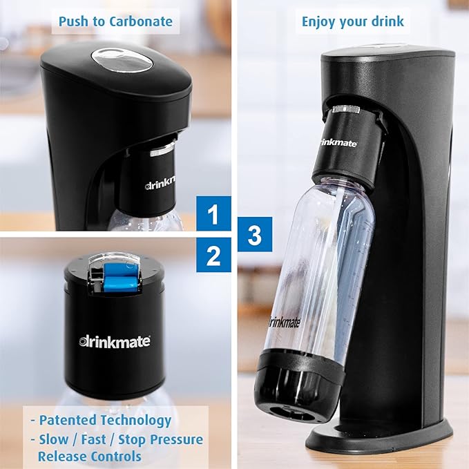 Drinkmate OmniFizz Sparkling Water and Soda Maker, Carbonates Any Drink, Bubble Up Bundle - Includes Two 60L CO2 Cylinders, One Carbonation Bottle, and Fizz Infuser (Matte Black)