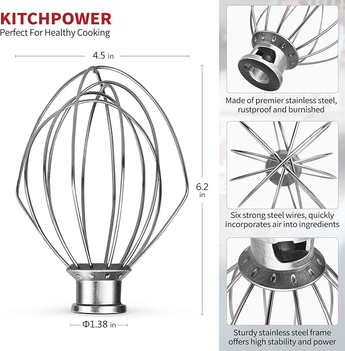 K45WW Wire Whip Attachment for Tilt-Head Stand Mixer for KitchenAid Stainless Steel Egg Cream Stirrer, Flour Cake Balloon Whisk