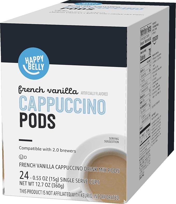 Amazon Brand - Happy Belly Cappuccino Coffee Pods Light Roast Compatible with 2.0 K-Cup Brewers, French Vanilla Flavored, 24 Count, 1.5 pound (Pack of 1)