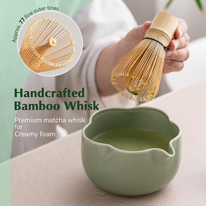 Matcha Set, 8Pcs Floral Ceramic Matcha Set with Matcha Whisk, Holder, Scoop, Scoop Rest, Sifter, Spoon and Tea Towel - Thoughtful Matcha Whisk Set Gift for Matcha Lovers (Green)