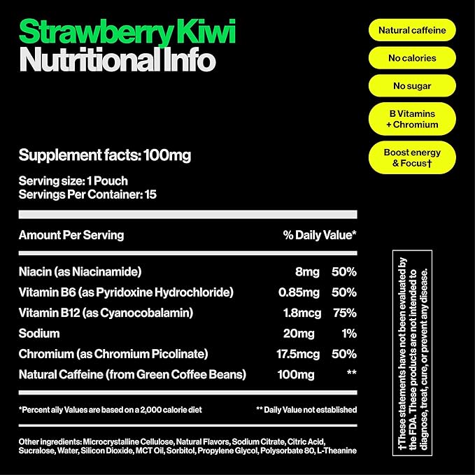 Wip Energy Pouches | 100mg Natural Caffeine | Vitamins and Minerals | Strawberry Kiwi | 15 Pouches Per Can | 3 Cans
