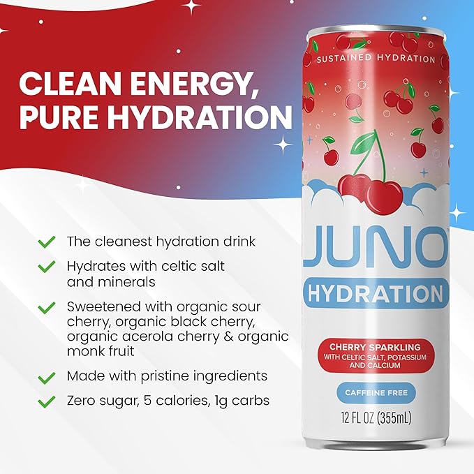 JUNO HYDRATION Organic Cherry Sparkling Drink - Sugar Free Electrolytes Organic Monk Fruit, Sour Cherry Juice, Black Cherry Extract and Hydrating with Celtic Salt, Potassium, Calcium - Premium Refreshing Beverage, 12 Pack