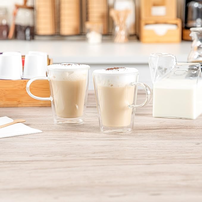 Restaurantware-Forma Professional 5.1 oz Double Wall Glass Mugs, 12 Insulated Coffee Mugs With Handle - Dishwashable, Reusable, Clear Glass Beverage Cups, Freezable, For Hot Or Cold Beverages