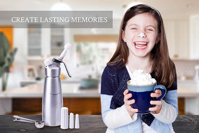 Professional Whipped Cream Dispenser 1 Pint Aluminum Cream Whipper, Durable Stainless Steel Coffee Spoon, 3 Decorating Nozzles, Charger Holder and Cleaning Brush (N2O Cartridge not Included)