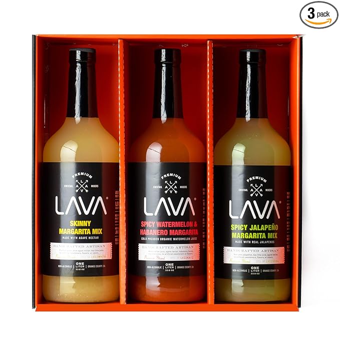 (3 Pack) LAVA Premium Margarita Mix Variety Pack Comes with Spicy Jalapeno, Skinny Margarita, & Spicy Watermelon Habanero, 1-Liter (33.8oz)