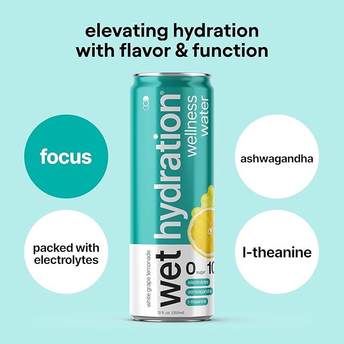 Wet Hydration Wellness Water | Electrolyte Drink with Ashwagandha & L-Theanine – White Grape Lemonade (12oz Cans, Pack of 12) | Zero Sugar, 10 Calories, Zero Bubbles, Functional Hydration