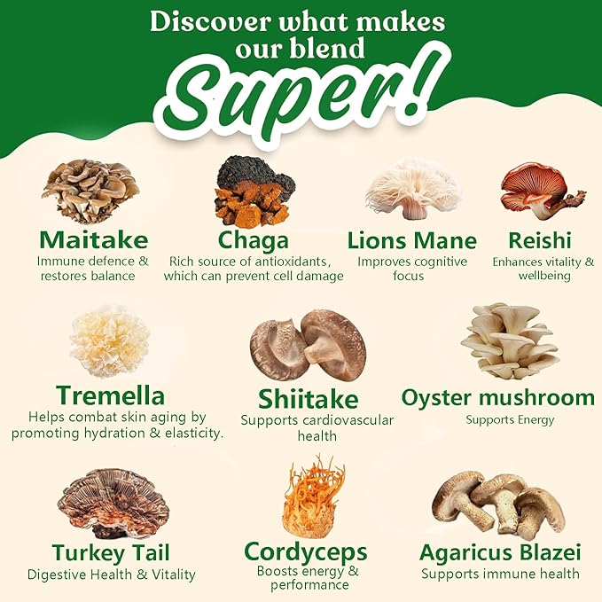 10 Mushroom Matcha Powder with Lion's Mane, Reishi, Mushroom Polysaccharides & More, 3500mg(10:1) Extract, Japanese Ceremonial Matcha for Focus, Energy, Immunity Boost, Memory - 30 Serving