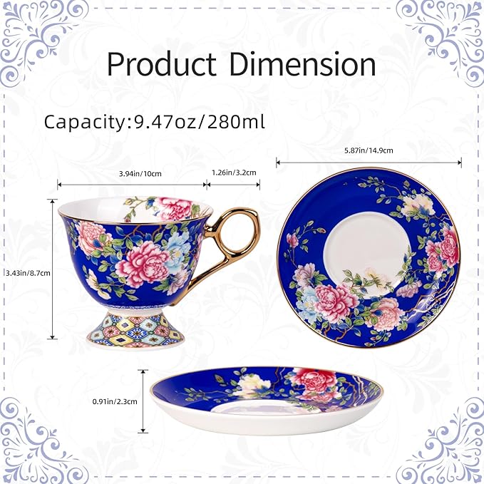 KAMMAK Tea Cups and Saucers Set of 2, Porcelain Coffee Cup with Saucer for Espresso, Cappuccino, 9.8oz Vintage Yellow Floral Ceramic Demitasse Mug for Home, Tea Party, Office