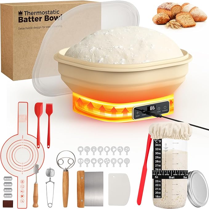 Heating Sourdough Starter Kit, 4L Electric Thermostatic Silicone Square Foldable Banneton Bread Proofing Basket with 6 Timer & Temp Settings for Dough Rising, Dishwasher Safe, Bread Making Kit
