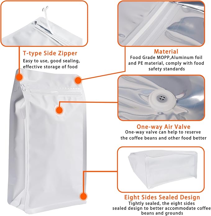 Coffee Bags with Valve (50 PCS,32oz/2lb) White High Barrier Aluminum Foil Flat Bottom Standing Coffee Beans Storage Packaging Bags, Reusable Heat Seal Side Zipper Pouches for Small Business and Home