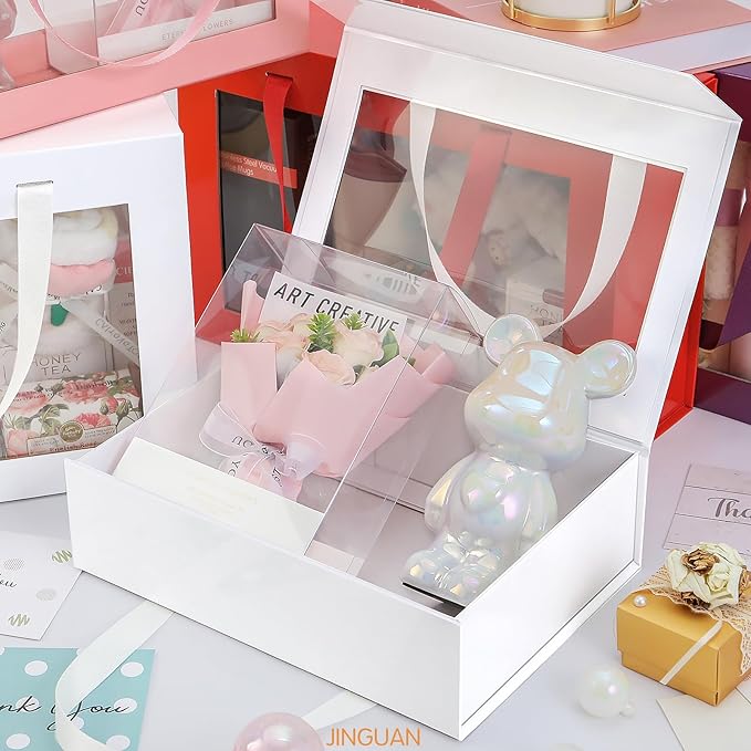 5 White Gift Boxes with Windows, Gift Boxes with Lids and Handles, Clear Magnetic Gift Boxes for Presents, Bridesmaid Proposal Boxes (10.5x7.5x3 Inches