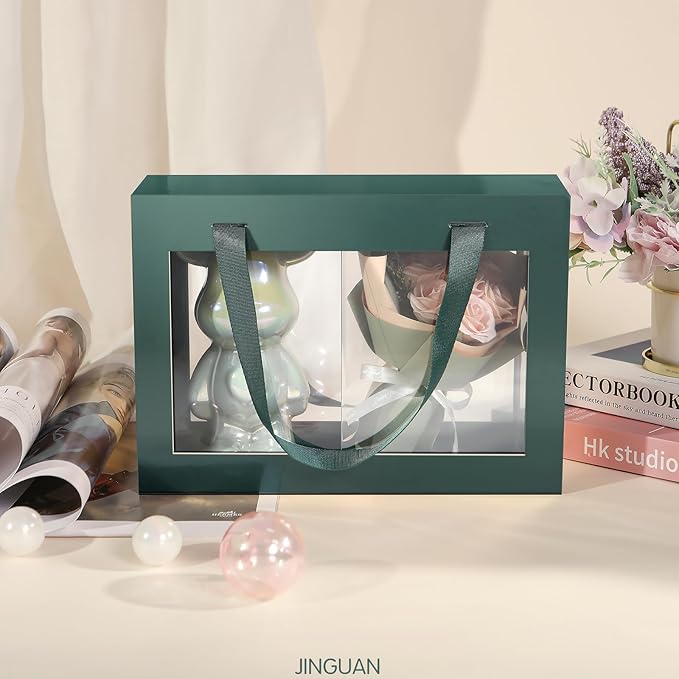 JINGUAN 5 Green Gift Boxes with Windows, Lids, and Handles - Clear Magnetic Gift Boxes for Presents - Size: 10.5x7.5x3 Inches