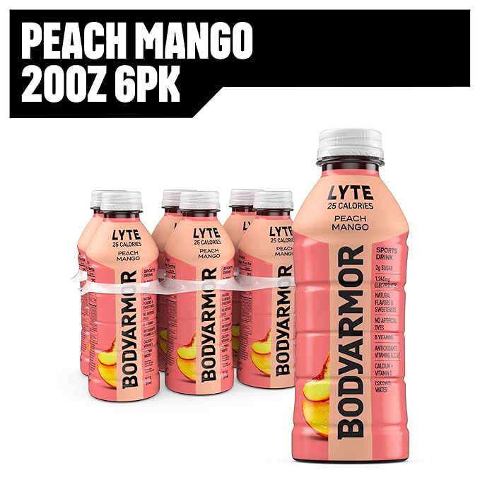 BODYARMOR LYTE Sports Drink Low-Calorie Sports Beverage, Peach Mango, Coconut Water Hydration, Natural Flavors With Vitamins, Potassium-Packed Electrolytes, Perfect For Athletes, 20Fl Oz (Pack of 6)