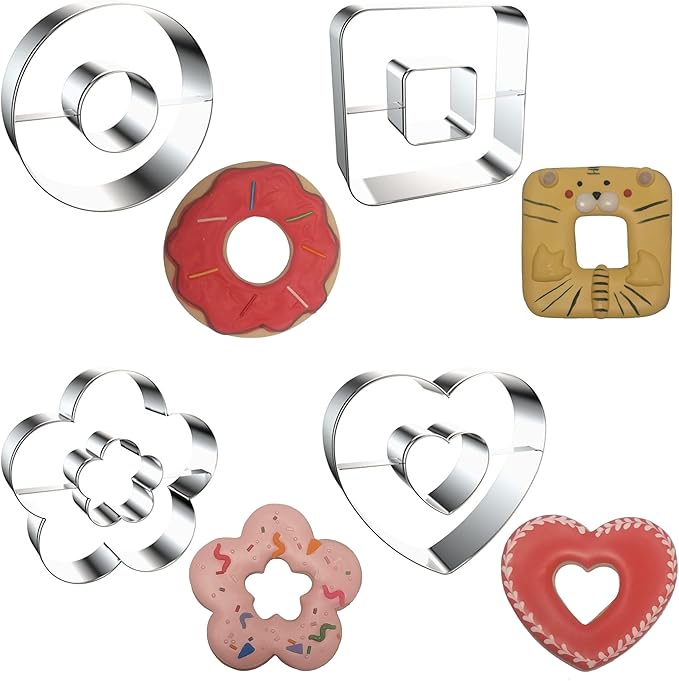 Large Size Donut Design Cookie Cutters Set of 4 pcs, Stainless Steel 4 Shapes Cream-filled Doughnut Fondant Cutter Molds Baking DIY (Round + Square + Heart + Flower)