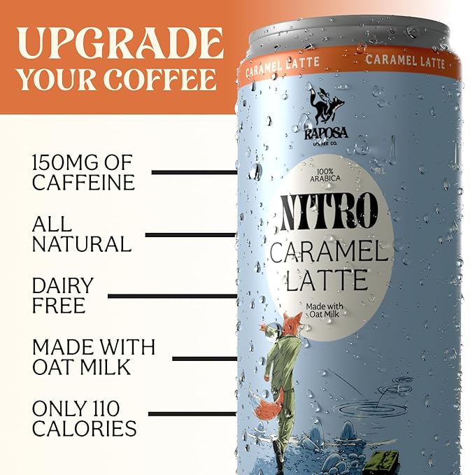 Raposa Nitro Cold Brew Ready to Drink Coffee 250ml - 8.45oz - Made with Oat Milk - Dairy Free - Vegan Cold Brew Ready to Drink, No Artificials - 150mg Caffeine (Caramel Latte (12 Pack))