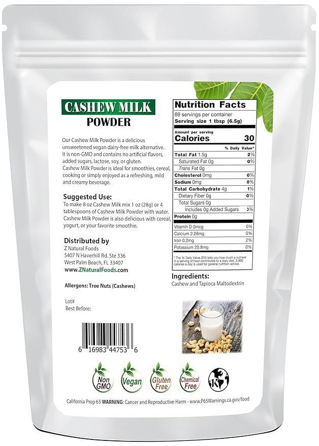 Z Natural Foods Cashew Milk Powder, Cashew Milk for Healthy Heart, Bones, and Skin, Ideal for Tea, Smoothies, and Recipes, High in Fiber, Non-GMO, Vegan, Gluten-Free, Kosher, 1 lb. (Pack of 2)