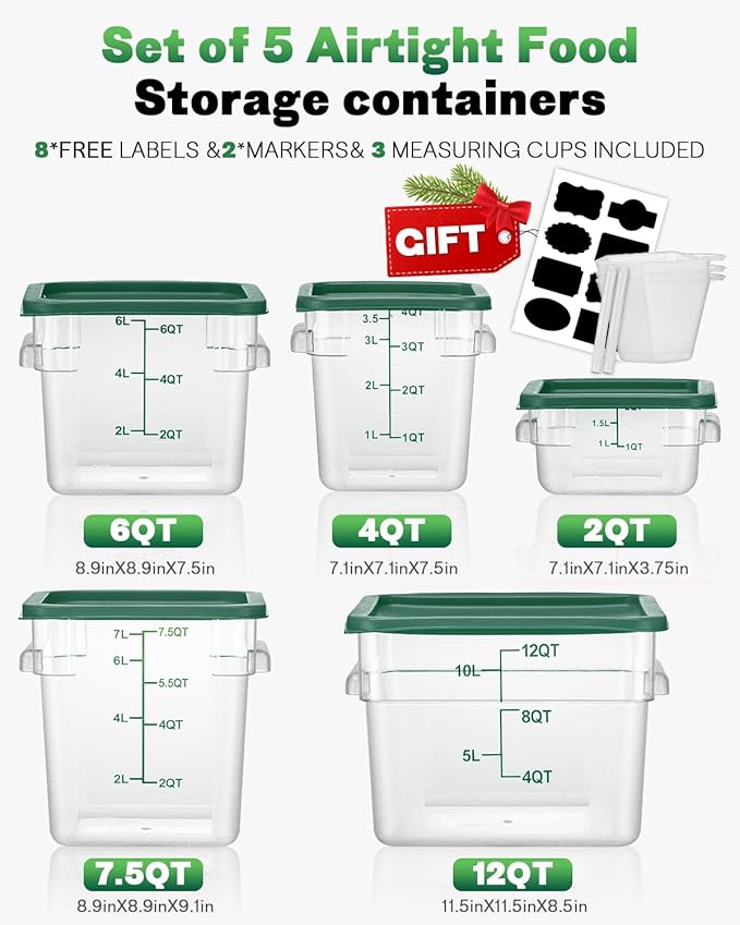 2QT&4QT NSF Food Storage Containers with Lids: 4 PCS [Total Food Grade][Hot&Cold Resistant] Commercial Clear Food Storage Containers for Restaurant Kitchen Proof Dough Green
