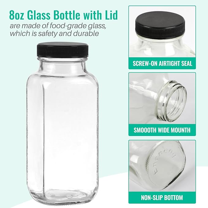 8 oz Glass Juice Bottles with Lids 6 Pack,Reusable Glass Drink Bottles,250ml Water Drinking Jars for Milk,Juicing,Kombucha,Ginger,Beverage Glassware,Juice Drinking Jars