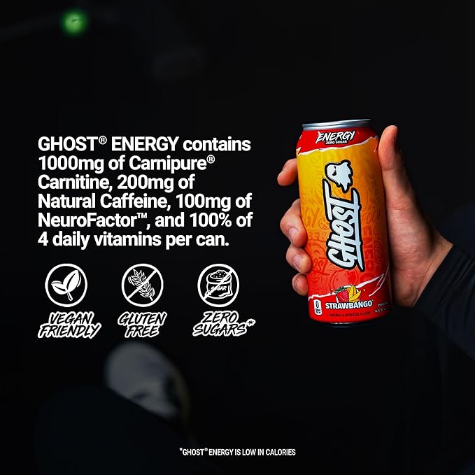 GHOST Energy Drink - 12-Pack, Strawbango, 16oz - Energy & Focus & No Artificial Colors - 200mg of Natural Caffeine, L-Carnitine & Taurine - Gluten-Free & Vegan