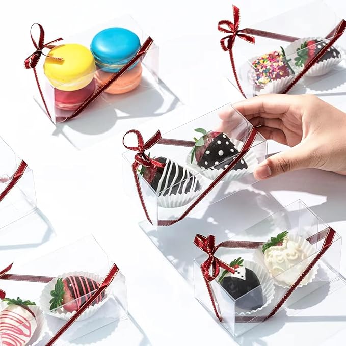 50 Pcs 4.5"x2.2"x2" Clear Chocolate Covered Strawberries Boxes for 2 Mini Cinnamon Roll Boxes for 4 Macaron Boxes for 4 Small Bakery Treat Box for Wedding Birthday Valentine Christmas Party