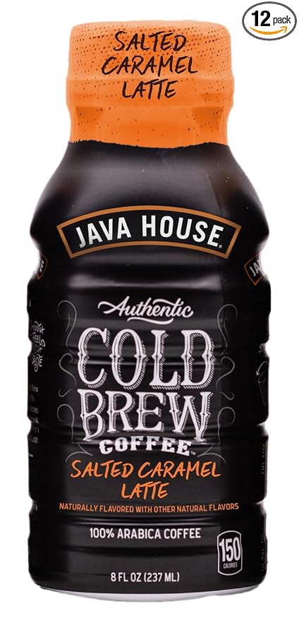 Java House Cold Brew Coffee Ready to Drink Bottles - Salted Caramel Latte - Pack of 12 8oz Bottles - 100% Arabica Coffee