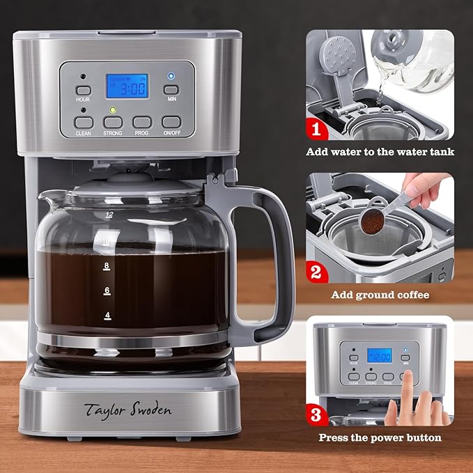 Taylor Swoden 12-Cup Programmable Coffee Maker, Regular & Strong Brew Drip Coffee Machine for Home and Office, Glass Carafe, Pause & Serve, Auto Shut Off, Gray & Stainless Steel