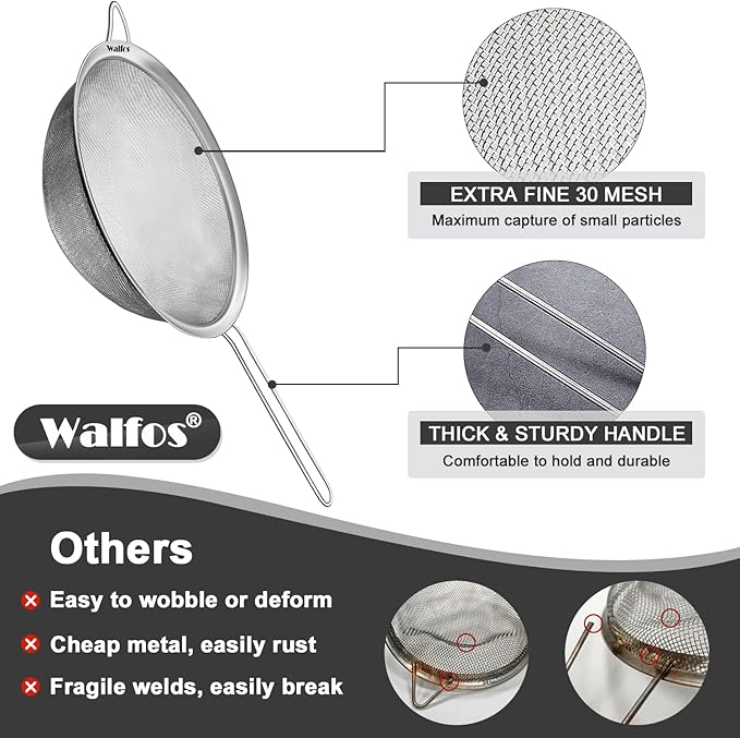 Walfos Fine Mesh Strainer Set of 3, Stainless Steel Wire Strainers for Kitchen, Multipurpose Metal Fine Sieve with Handle, Perfect for Food, Rice, Quinoa, 3", 5", 7"