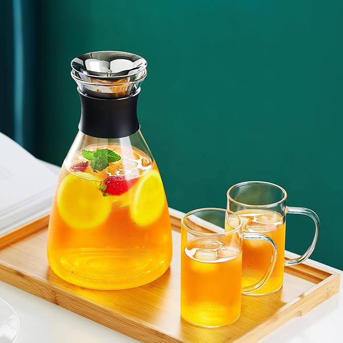 Glass Pitcher with Lid and Spout, 62 OZ Water Jug, Glass Carafe with Lid for Hot/Cold Water, Large Pitcher for Coffee, Juice,Homemade Iced Tea Beverage 1800ML