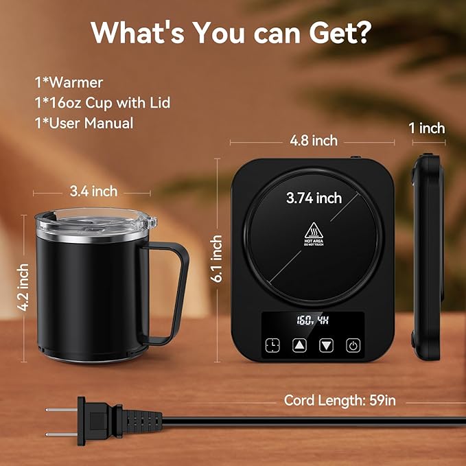 Coffee Mug Warmer & Mug Set for Desk, 36W Electric Coffee Mug Warmer with 16oz Cup, 1-12H Timer Auto Shut Off, 9 Temp Settings Heated Plate for Beverage Tea Water Milk, Coffee Lovers Gifts, Black