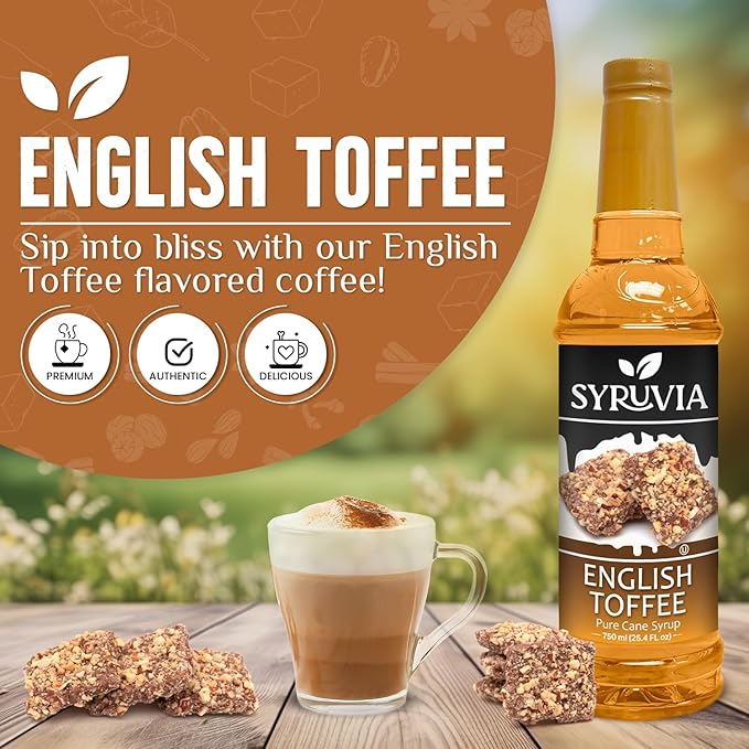Syruvia English Toffee Coffee Syrup - 25.4 fl oz. Kosher and Gluten-Free. Perfect for enhancing drinks, sodas, shakes, desserts, and more.
