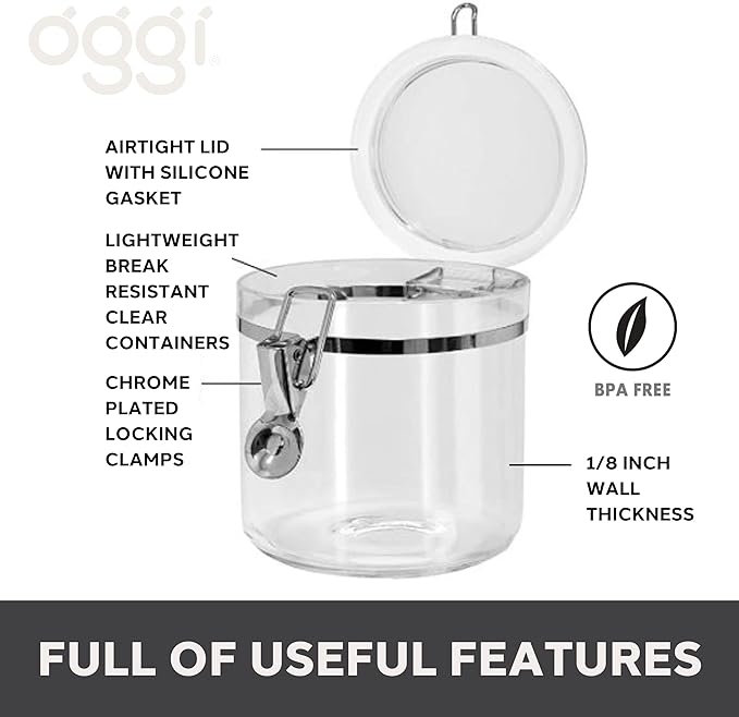 Oggi 4pc Clear Canister Set with Clamp Lids & Spoons - Airtight Food Storage Containers, Ideal for Kitchen & Pantry Storage of Bulk, Dry Food Including Flour, Sugar, Coffee, Rice, Tea, Spices & Herbs