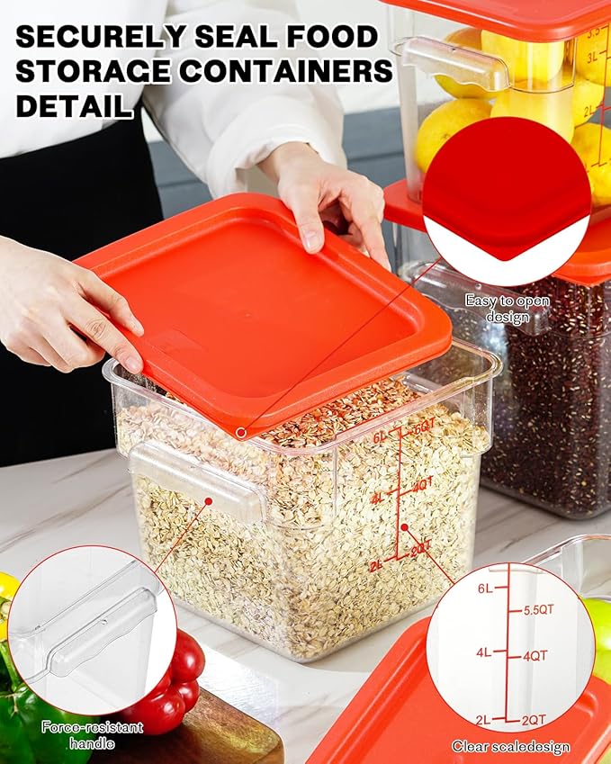2QT&4QT NSF Food Storage Containers with Lids: 4 PCS [Total Food Grade][Hot&Cold Resistant] Commercial Clear Food Storage Containers for Restaurant Kitchen Proof Dough (Red)