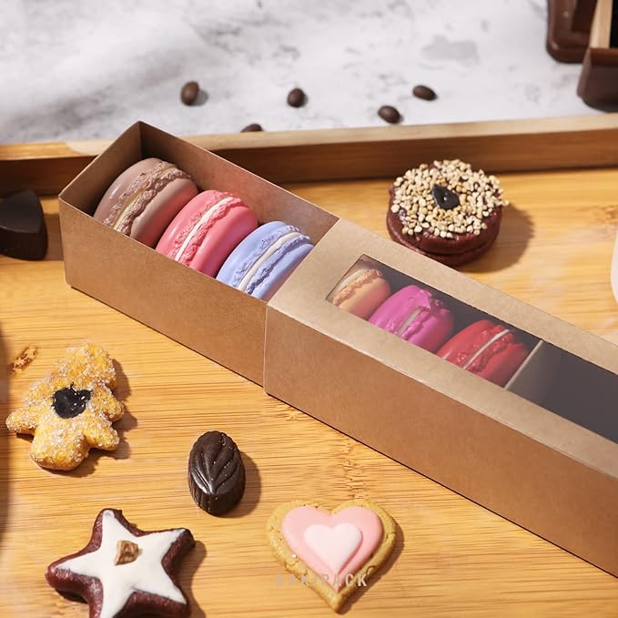 25 Macaron Boxes for 6 Macarons Kraft Macaron Boxes with Interior Measurement 7.3" x 1.9" x 1.9" Macarons Gift Boxes with Clear Window (without Macaron inside)