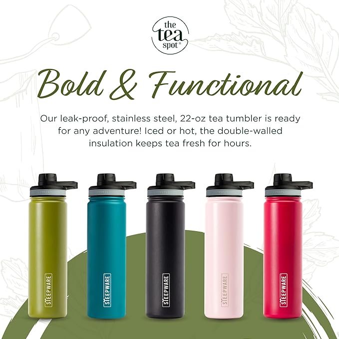 The Tea Spot Steepware Tea Tumbler and Thermos, 22oz, Tea Bottle with tea infuser for loose leaf tea or iced coffee, Sleek Double Wall Tumbler & Insulated Travel Bottle - Black