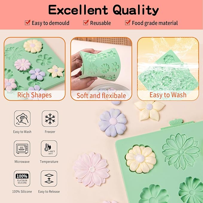 KALAIEN Flower Silicone Molds,Rose Flower Chocolate Mold Daisy Silicone Mold for Crafts,2 Pcs Rose Silicone Mold Fondant Molds for Cake Decorating