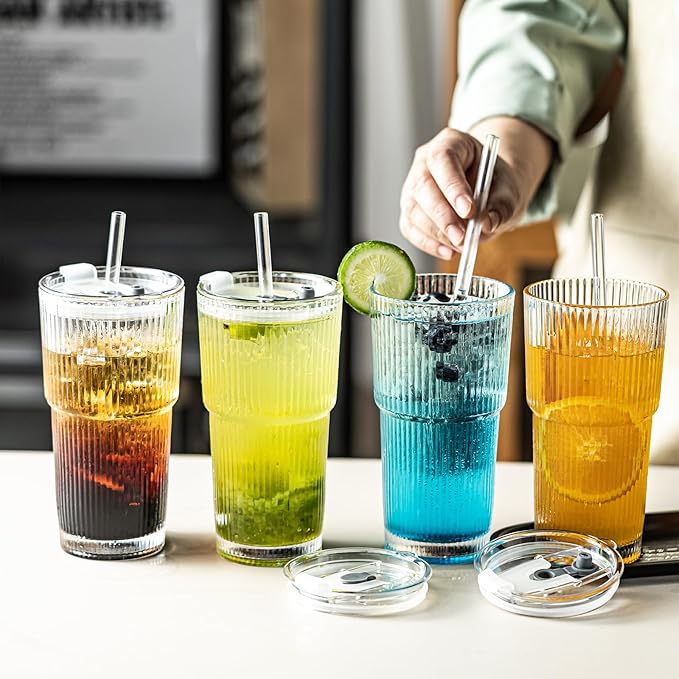 20oz Ribbed Drinking Glasses with Lids and Glass Straws-Thickened Glass cup -Vintage glass straw cups- Ideal for Iced Coffees, Cocktails, Juices, Family Use and Parties (6)