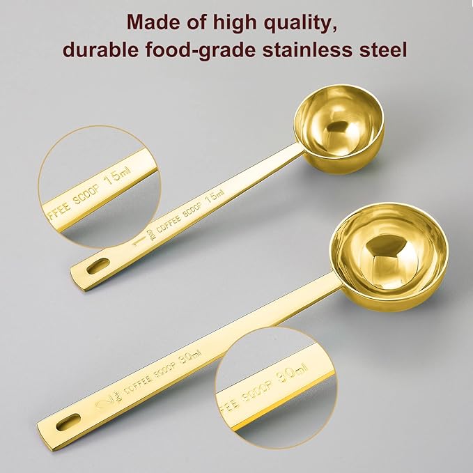 Premium Coffee Scoop Set, Set of 2, Metal Stainless Steel Long Handle Coffee Scoop, Measuring Coffee Spoons Contains 1 Tablespoon (15 ml) and 2 Tablespoons (30 ml) Spoon-Gold