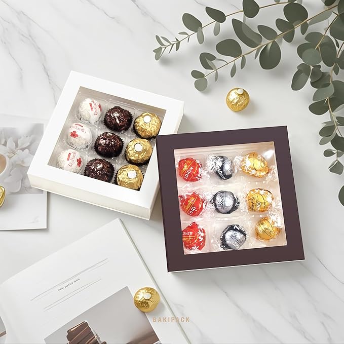 BAKIPACK 12 Truffle Boxes, Chocolates Box, Dark Brown Truffle Gift Packaging with 9-Piece Plastics Tray