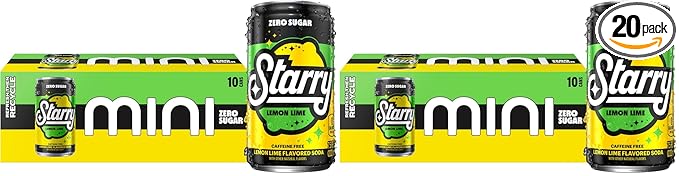Starry Zero Sugar Lemon Lime Soda, Caffeine Free, Mini Cans, 7.5 Ounce (Two packs of 10)