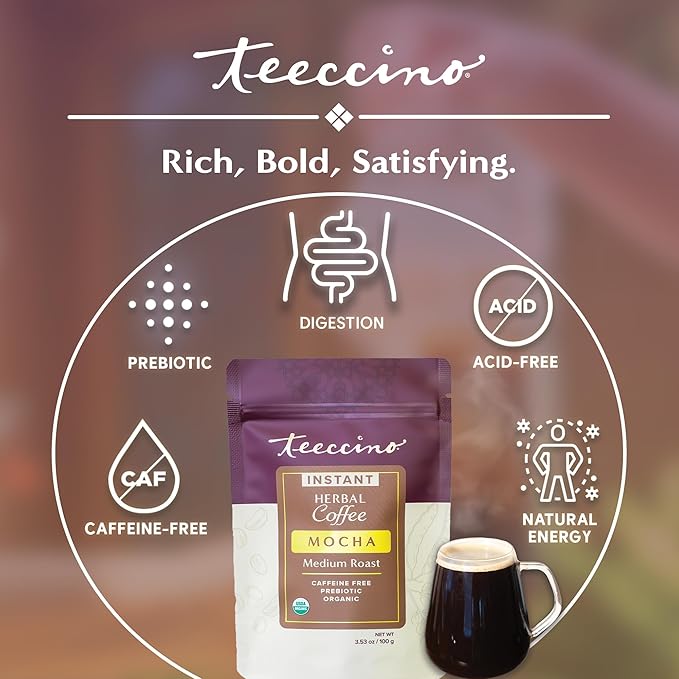 Teeccino Instant Organic Mocha Herbal Coffee– 33 servings – Instant Chicory Coffee Alternative with Lush Chocolate Slightly Sweetened by Dates That’s Prebiotic, Caffeine-Free & Acid Free - 3.53 ounces  