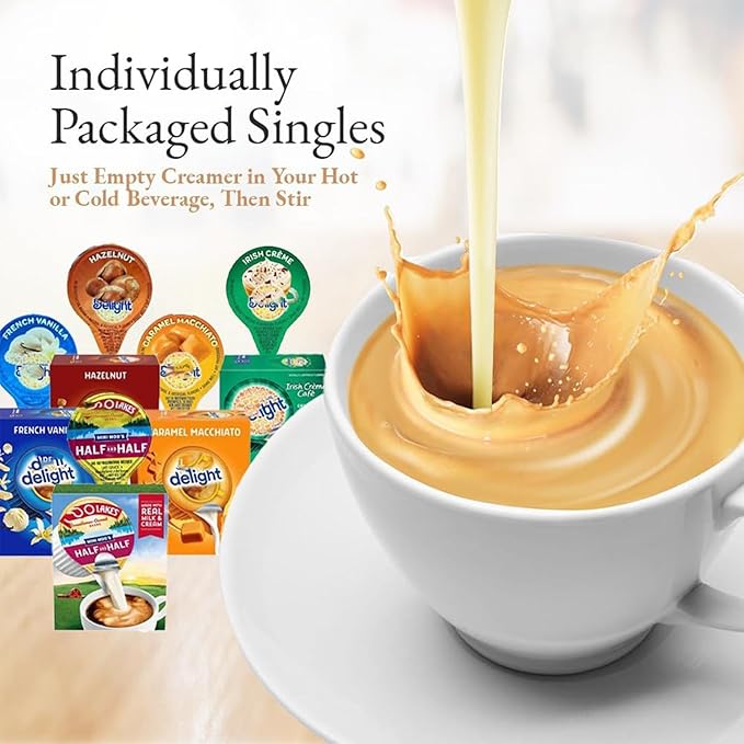 Coffee Creamer Singles Variety Pack – 50 Count – 5 Flavors: Half & Half, Hazelnut, French Vanilla, Caramel, Irish Creme – Non-Refrigerated Mini Creamers for Home, Office, Coffee Bar, Gifts